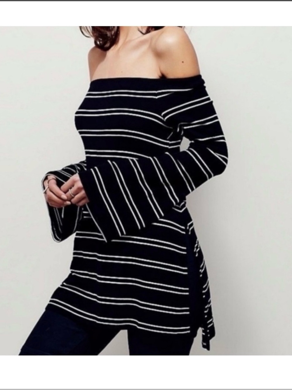 Free People Black & White Off-Shoulder Striped Tunic Large